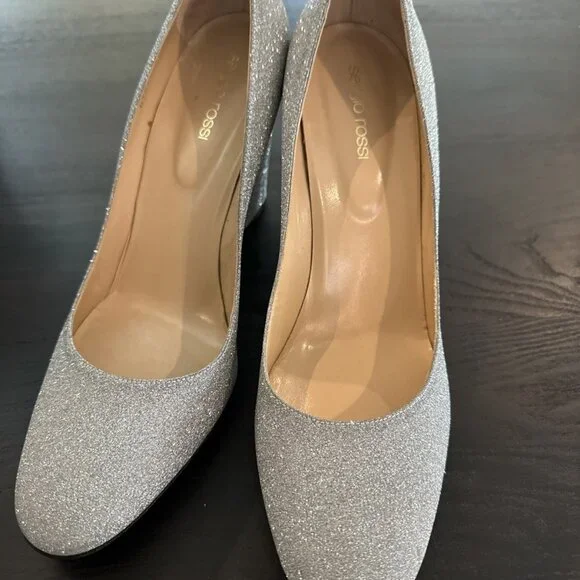 Sergio Rossi Silver Glitter Block Heel Pumps - Picture 9 of 9